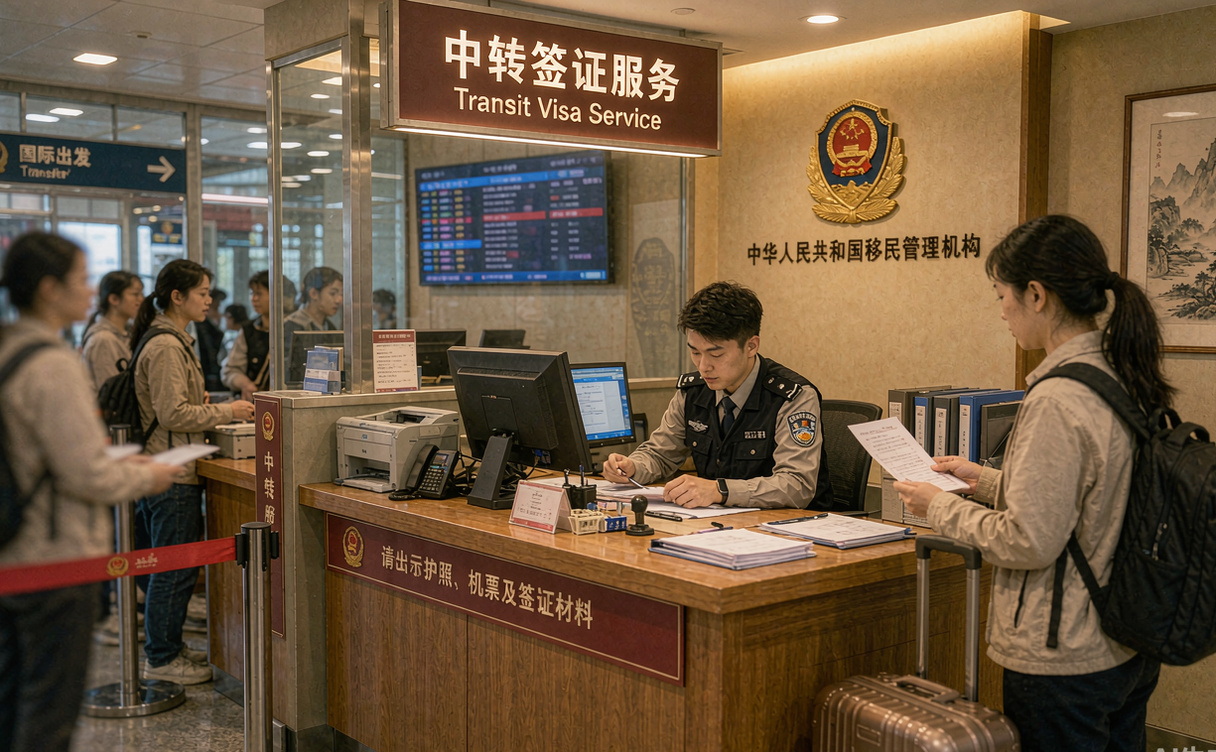 Traveler at an airport transit desk presenting a passport and onward ticket