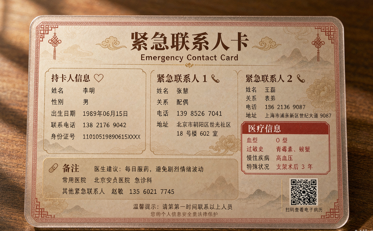 Emergency contact card with key phone numbers