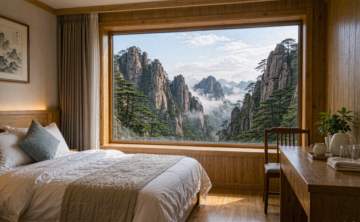 A wooden mountain lodge sitting on a forested ridge above a rolling sea of clouds at golden hour