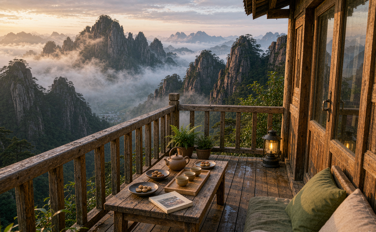 Inside a mountain lodge guest room with a large window looking out at misty granite peaks and pine forest