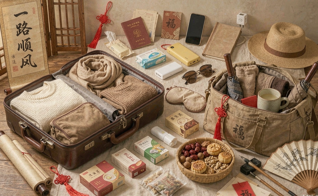 Flat lay of passport, adapter, medicine and packing essentials for a China trip