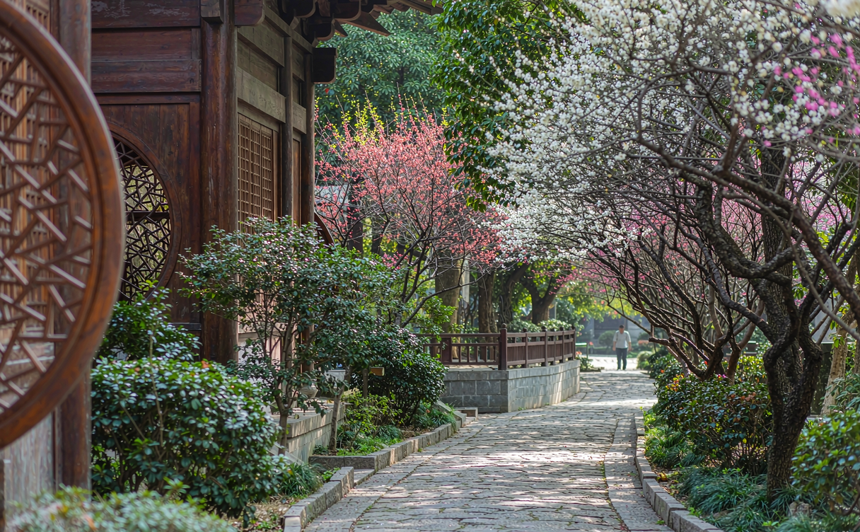 A flowering temple garden path in China during spring