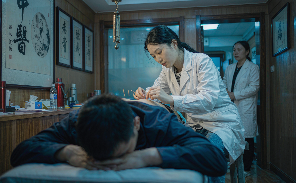 Traditional Chinese medicine consultation room with herb drawers and treatment bed