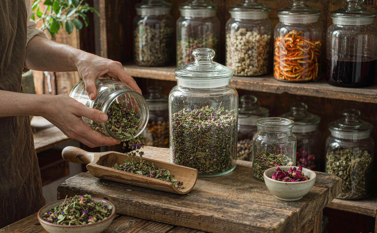 Open herb drawers with dried roots and fungi at a Chinese pharmacy