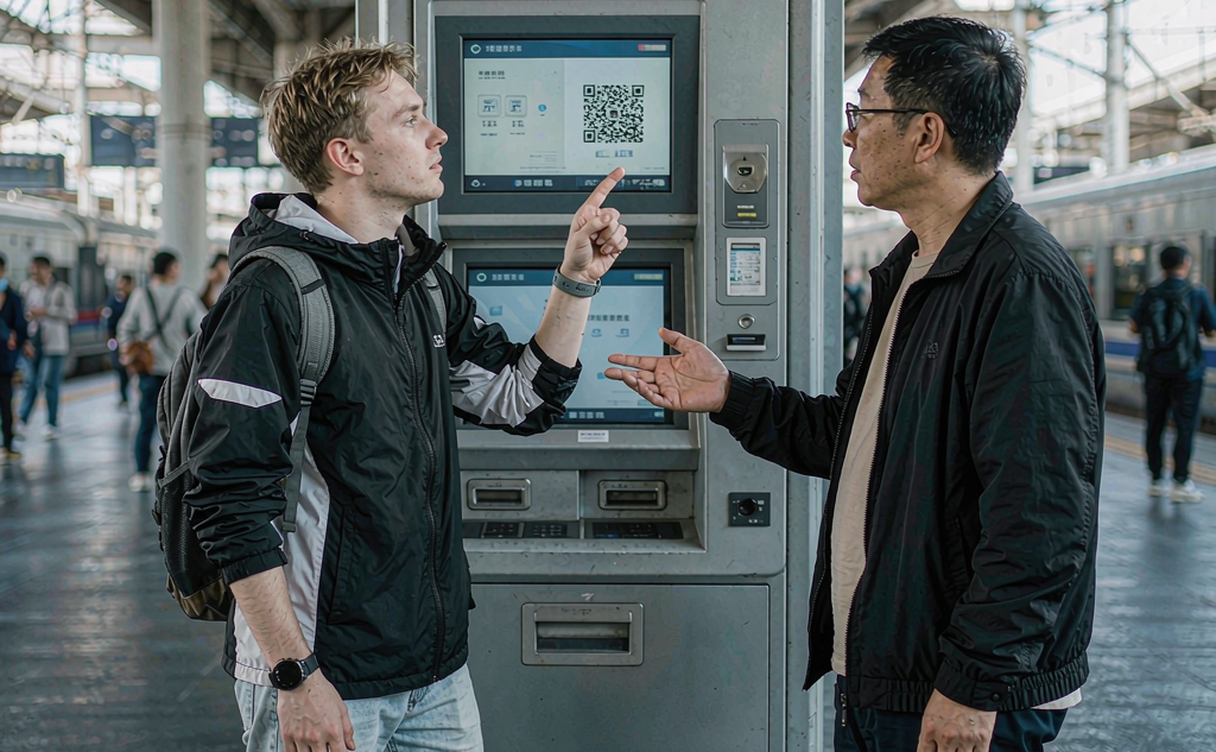First-time traveler confused at a Chinese station ticket machine with a helpful local assisting
