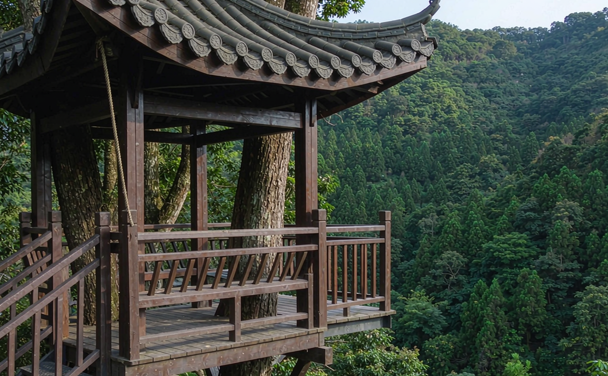 China treehouse cabin on stilts among bamboo forest canopy