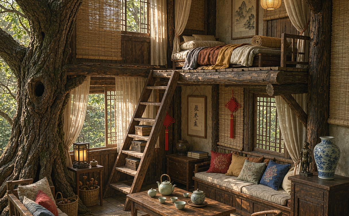 Elevated timber forest lodge deck near Wuyi Mountain Fujian
