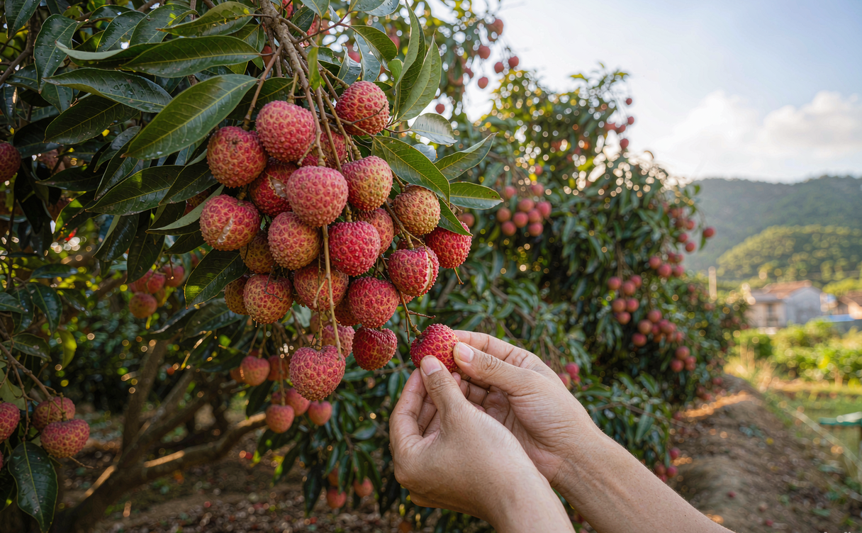 Vendors stacking fresh mangoes and dragonfruit at a Sanya fruit market