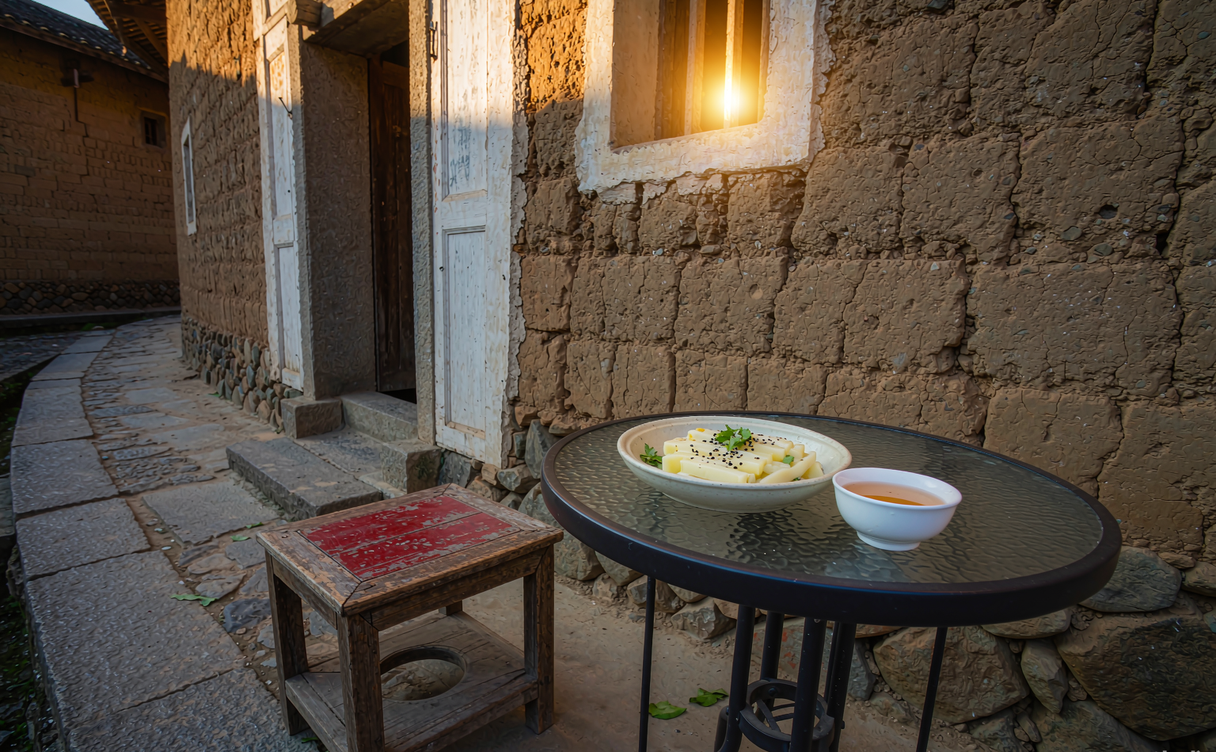 A wooden guestroom with a low bed inside a tulou upper ring overlooking the courtyard