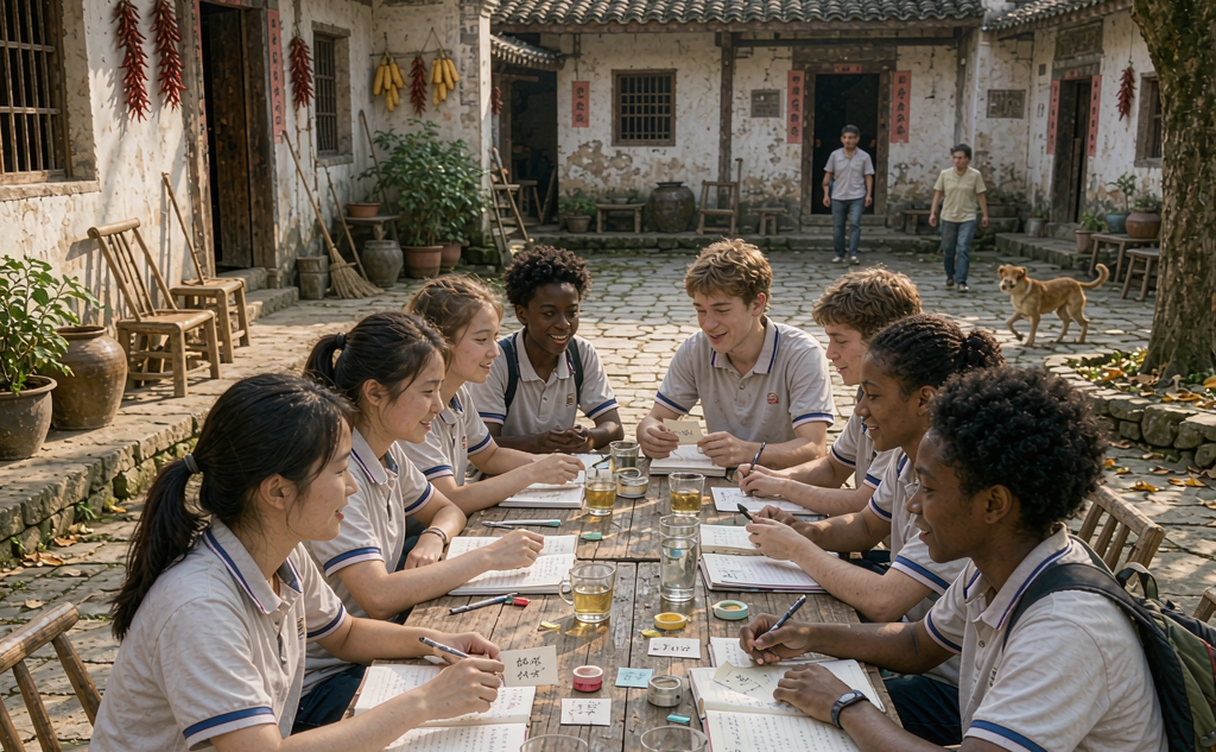 Foreign volunteer leading a language exchange with local students in a rural Chinese village courtyard