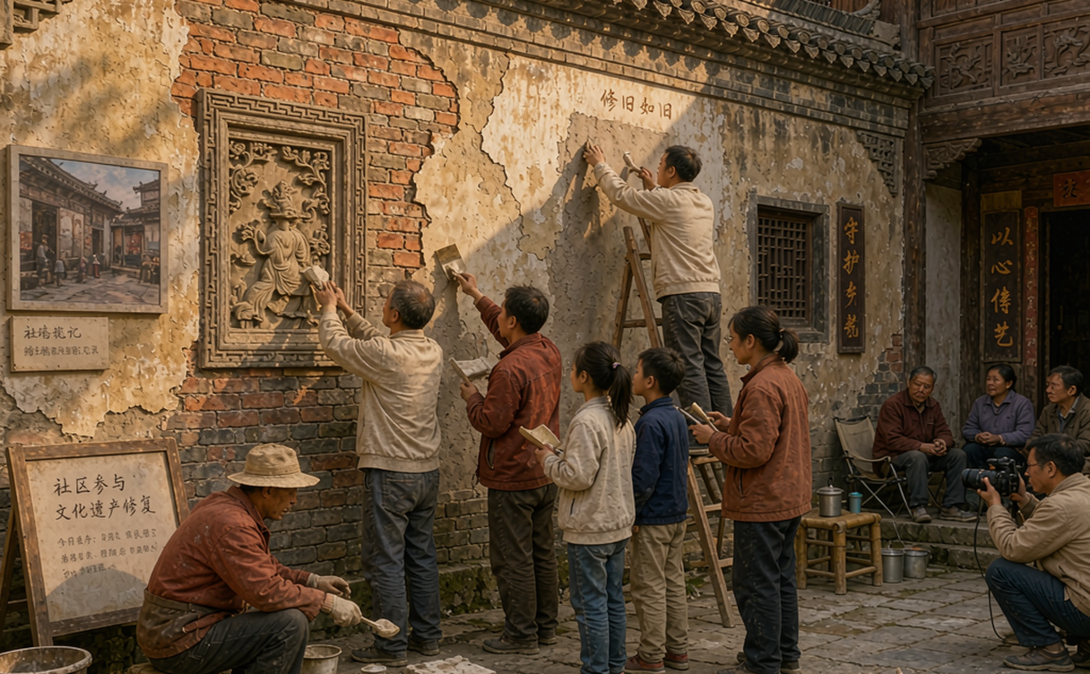 Volunteers working with local craftsmen on a heritage wall restoration in rural China