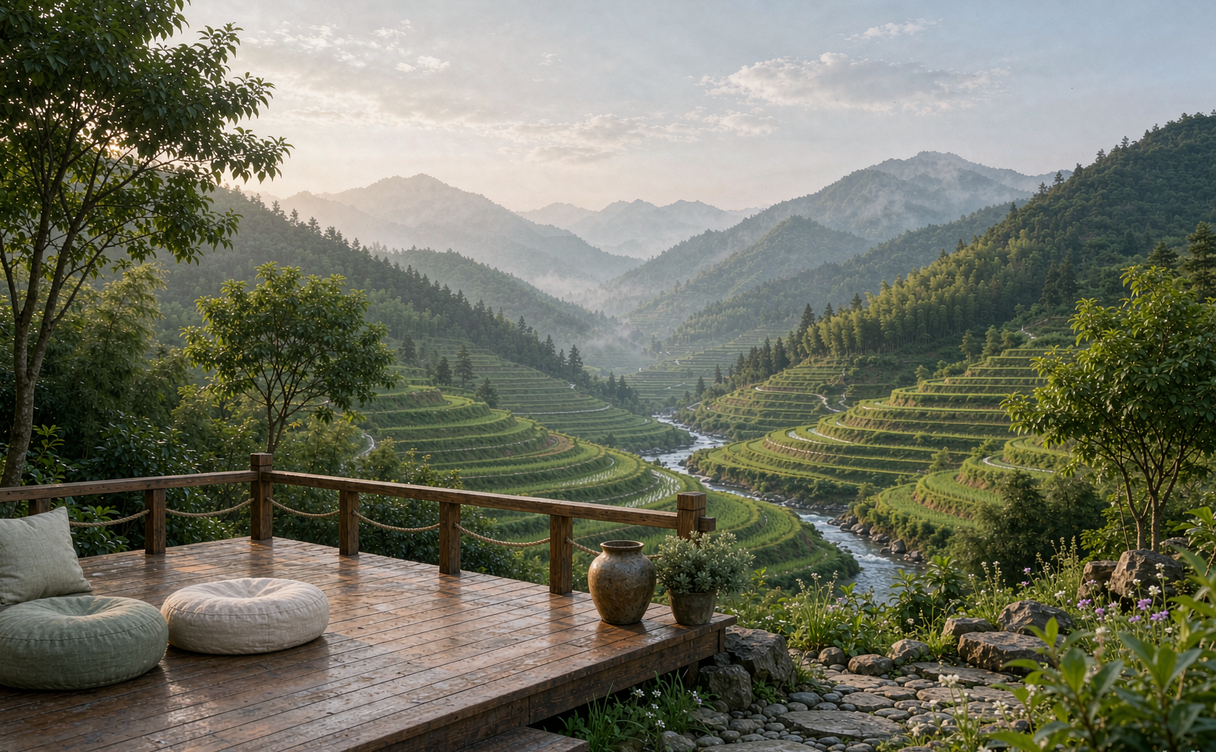 Temple-stay dormitory at dawn with misty mountain through the door
