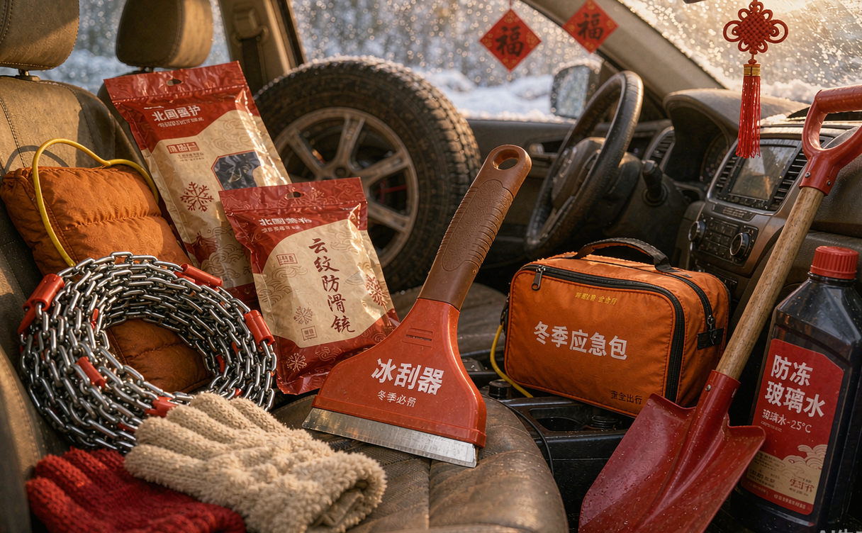 Ice scraper, gloves and winter driving gear laid out on a car seat