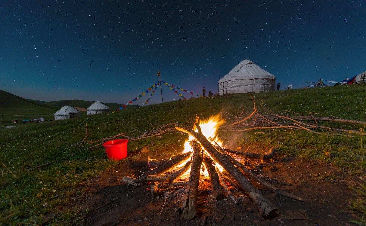 Interior of a Mongolian yurt showing the carved wooden crown, carpeted floor and a small iron stove