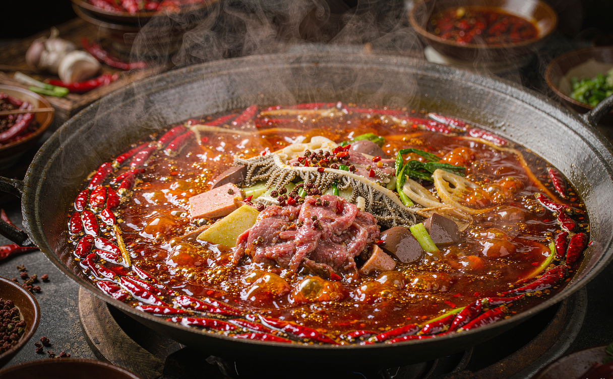 Bubbling red Chongqing hotpot with meats and vegetables