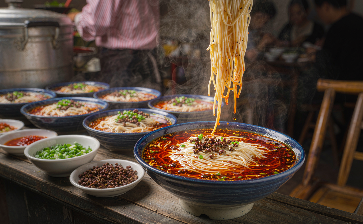 Chongqing street stall serving bowls of xiao mian noodles