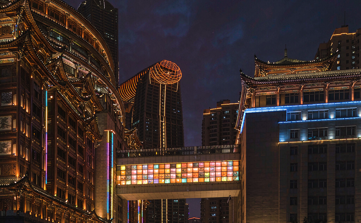 Chongqing Jiefangbei neon pedestrian street and shopping arcades at night