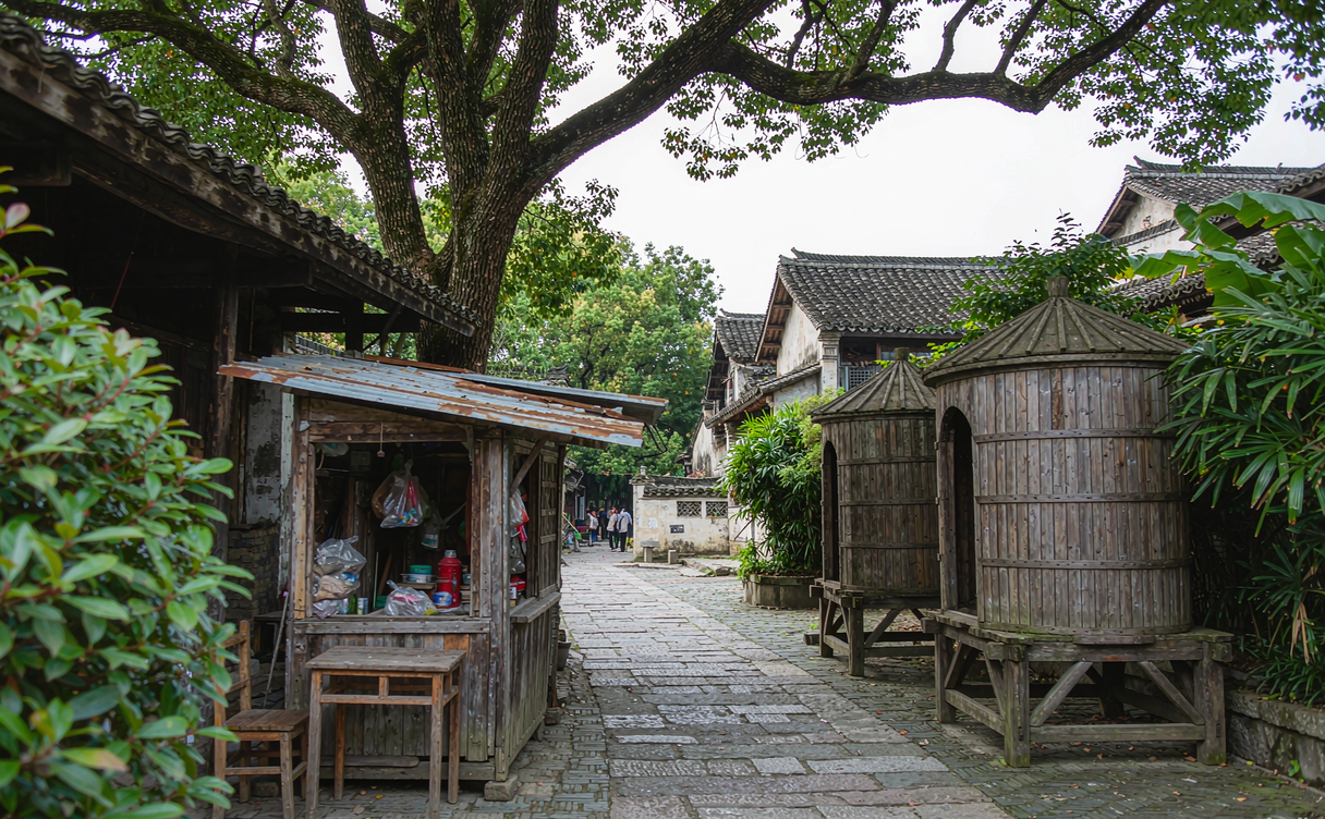 Quiet lane with old granary walls in Cicheng ancient town, Zhejiang, China