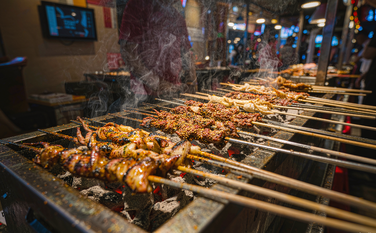 Grilled seafood and meat skewers at a Dalian night-market BBQ stall