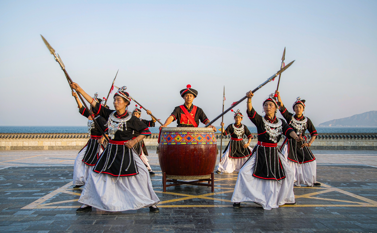 Li ethnic drum performance on a seaside plaza in Dongfang, Hainan