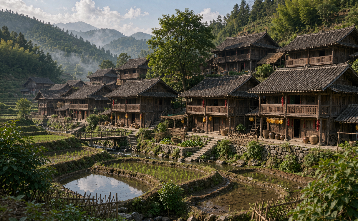 Buyei ethnic village with stilt houses and terraced fields near Duyun, Guizhou