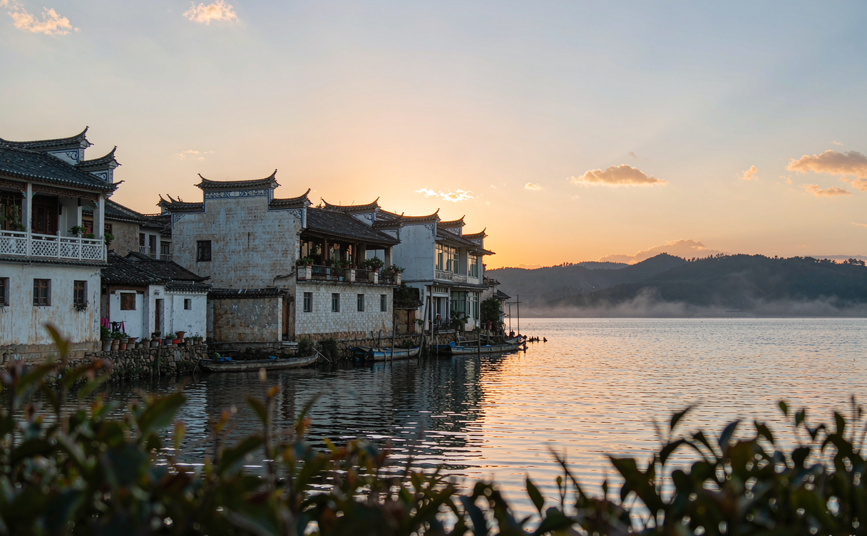 Traditional Bai courtyards and yellow rapeseed fields along the Erhai Lake bike loop near Xizhou, Yunnan
