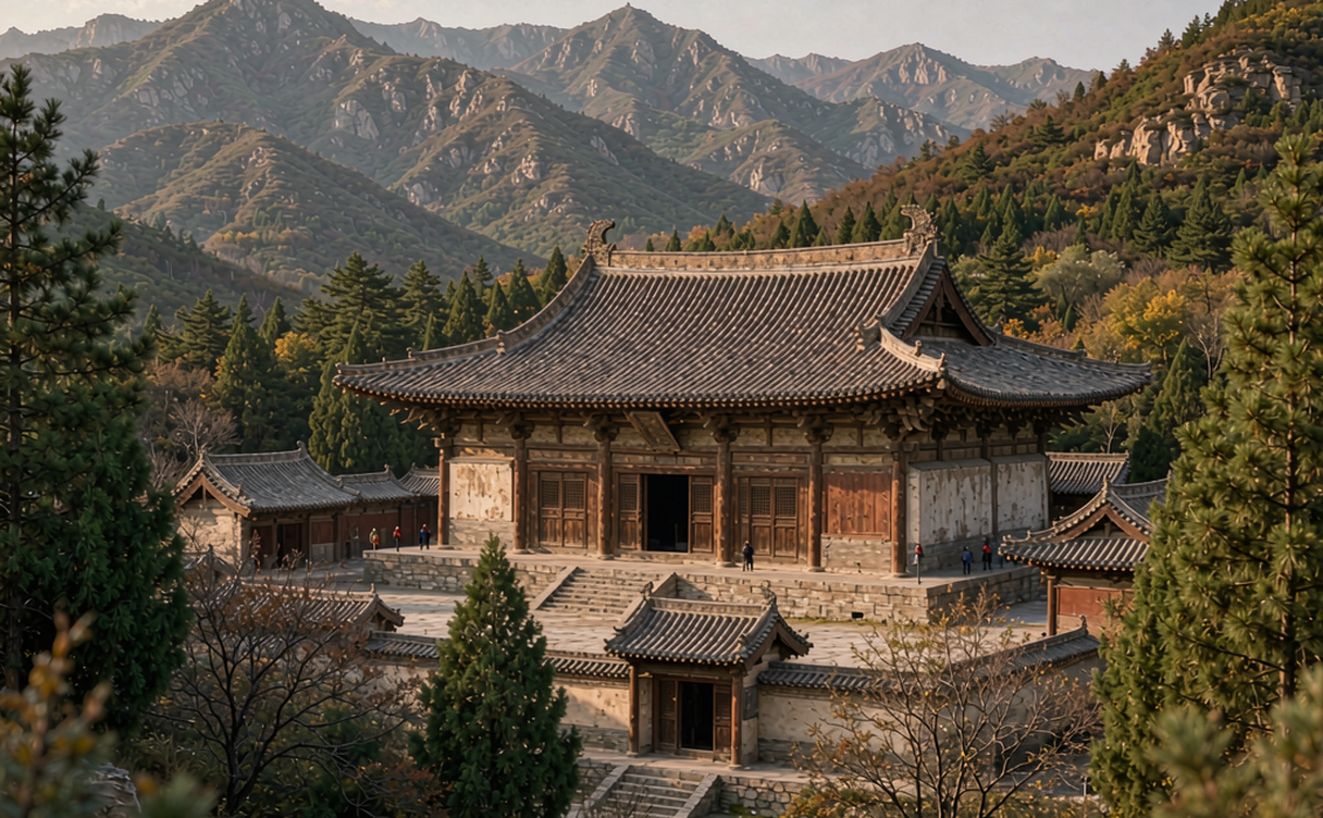 Weathered wooden columns and a stone moon-gate frame at Foguang Temple, a quiet mountain monastery in Shanxi, China