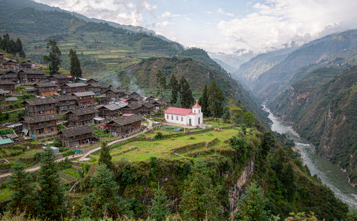 The Laomudeng church overlooking the misted Nujiang gorge in Fugong