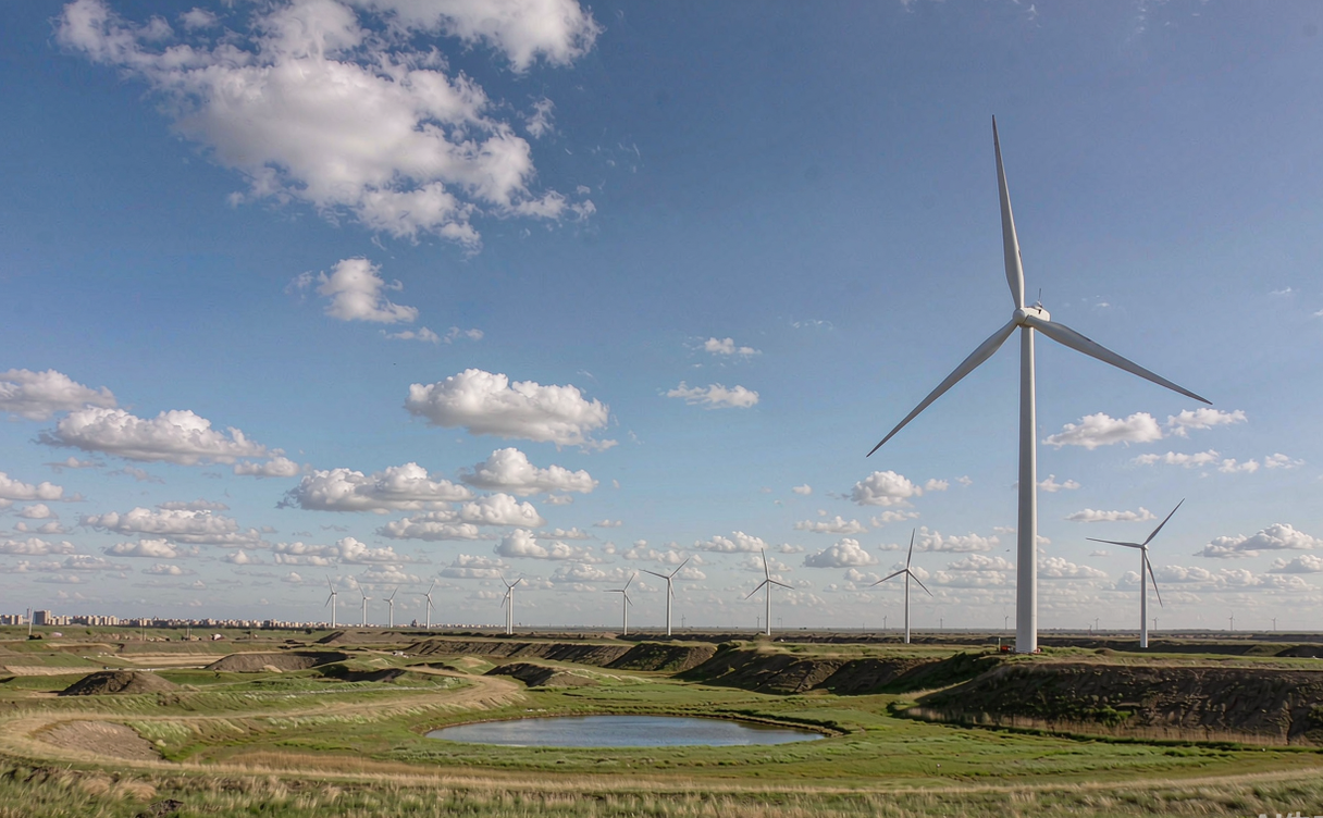 Reclaimed grassland with wind turbines near Fuxin, Liaoning, China