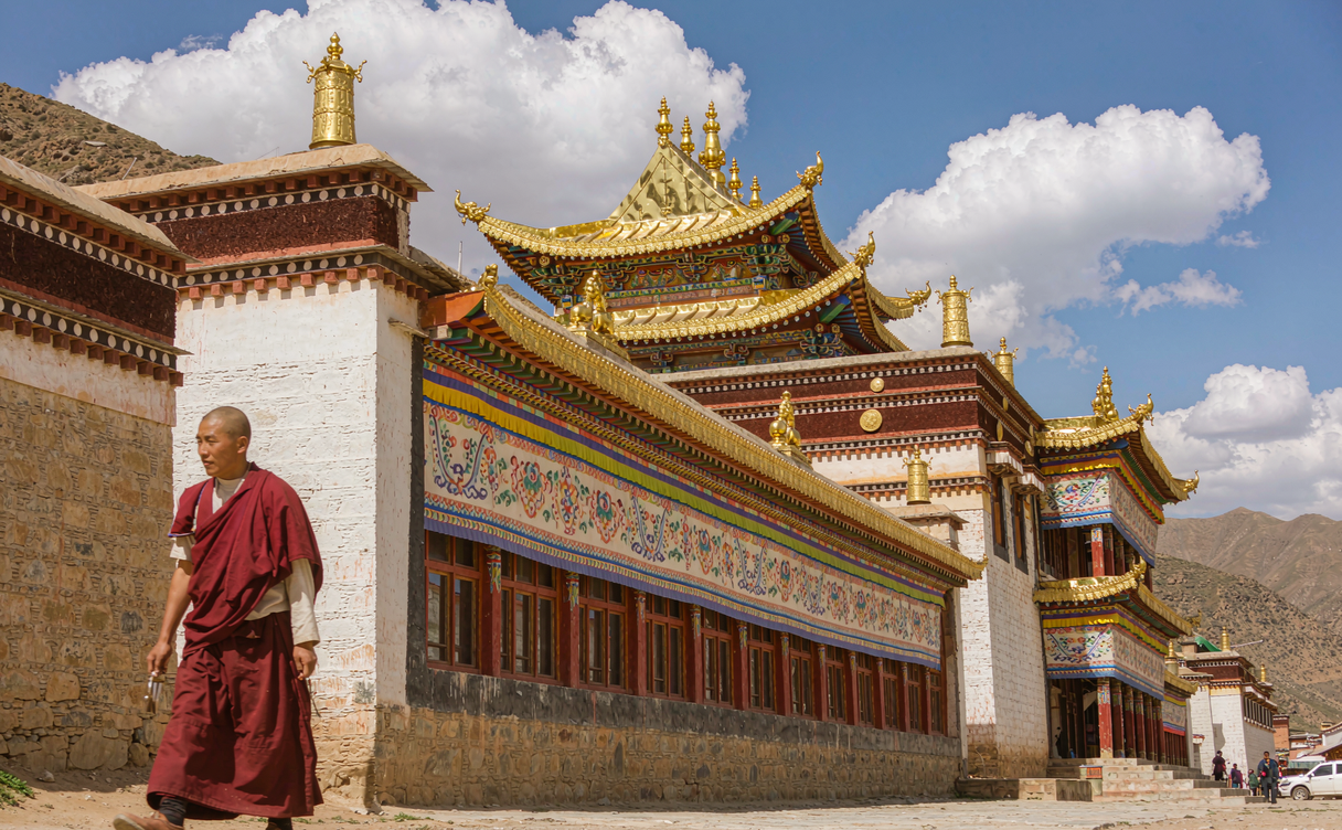 Prayer flags on the kora path above Ganden Monastery near Lhasa, Tibet, China