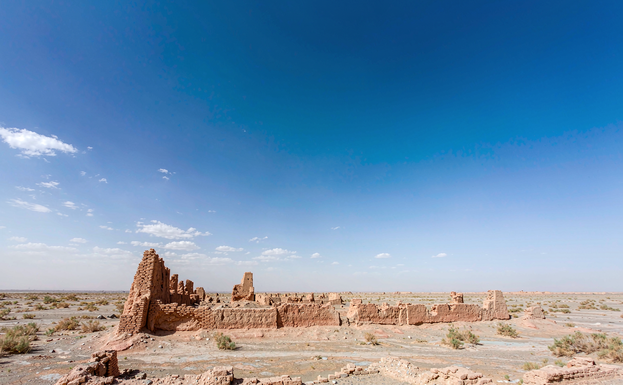 Western gate ramparts of Gaochang ancient city under clear sky