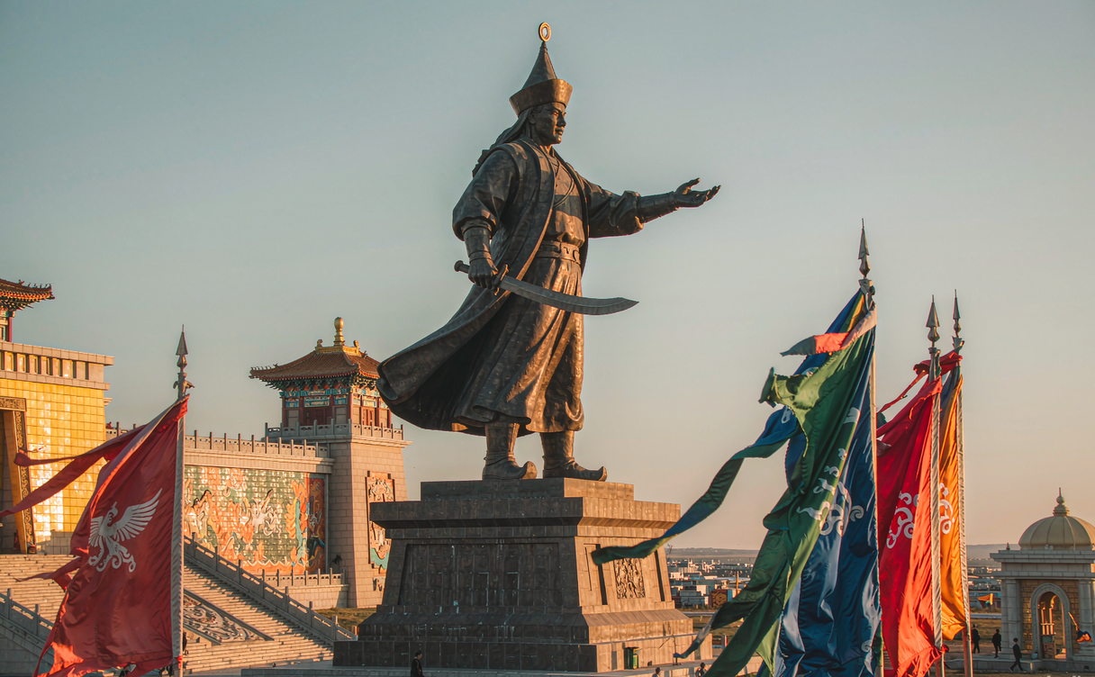 Guardians in traditional dress performing the sacrificial ceremony at the Genghis Khan Mausoleum, Ordos, China