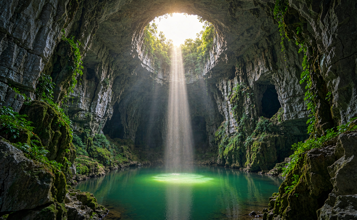 Sunbeam shining through the karst skylight arch above Getu River Guizhou