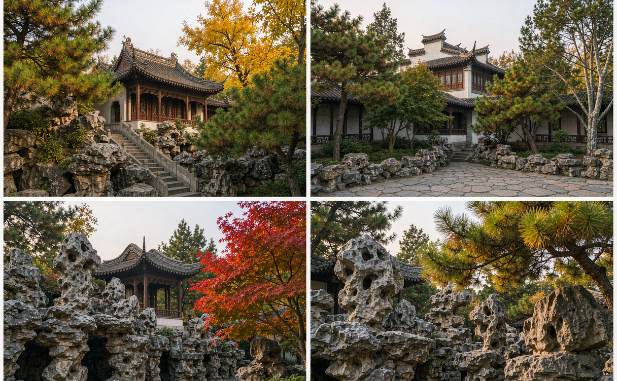 Covered moon-gate corridor winding through Ge Garden in Yangzhou