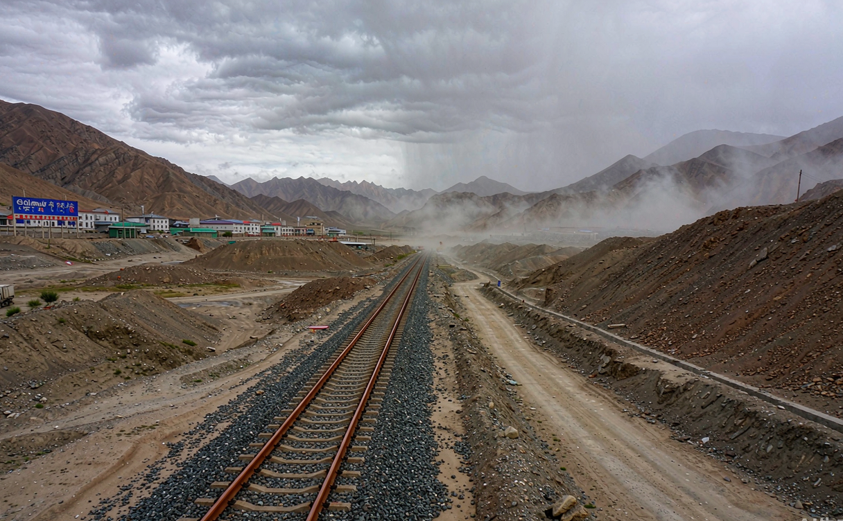 The Qinghai-Tibet railway cutting across the barren high plateau near Golmud, Qinghai, China