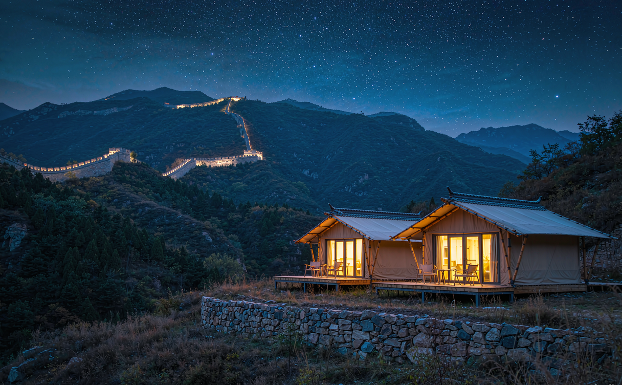 Boutique hotel room overlooking the Great Wall at dusk