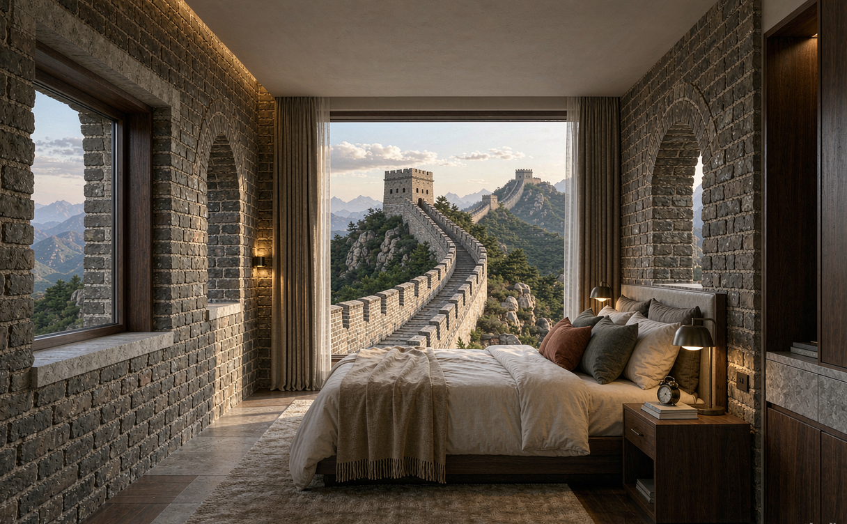 Glamping camp beneath the Great Wall at night
