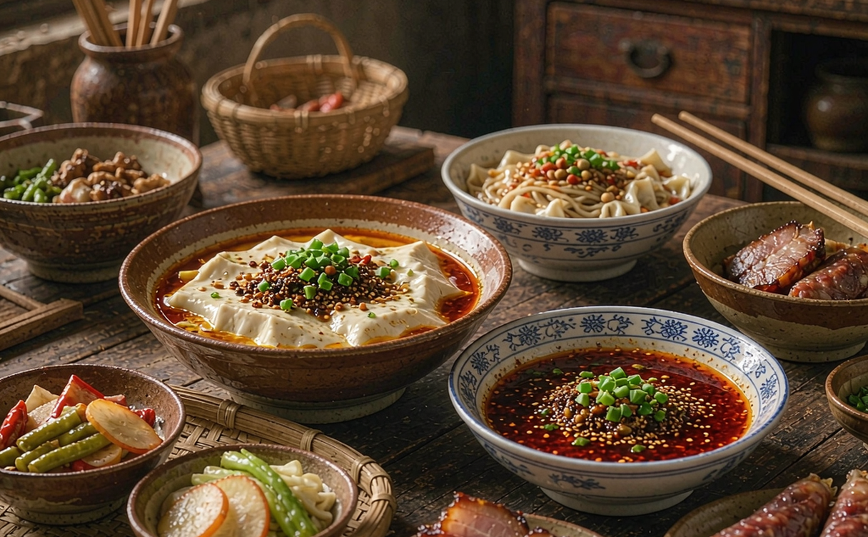Guangan riverside night market with spicy Sichuan skewers in Sichuan, China