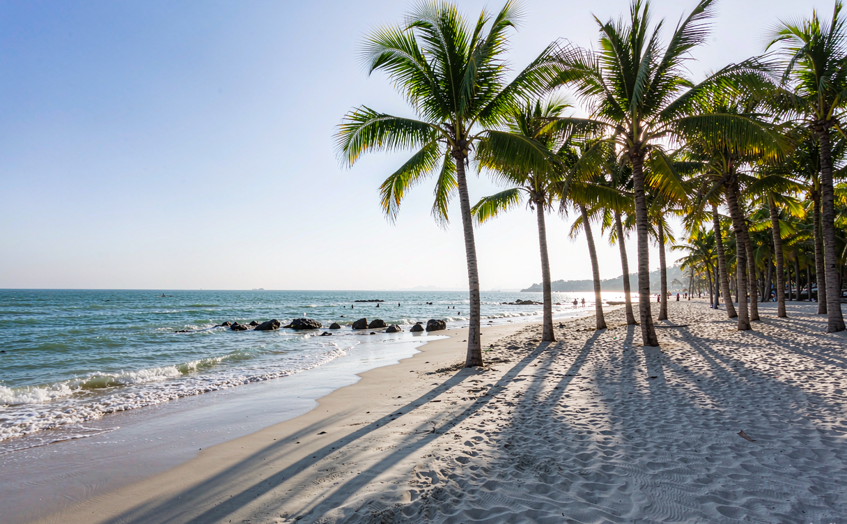 Wide pale-sand Silver Beach at Beihai with palm trees and a calm blue sea under warm light