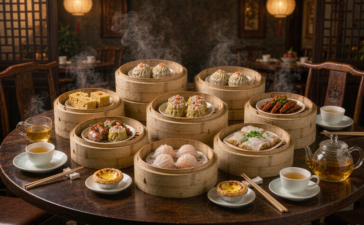 Spread of Cantonese dim sum with bamboo steamers in Guangzhou