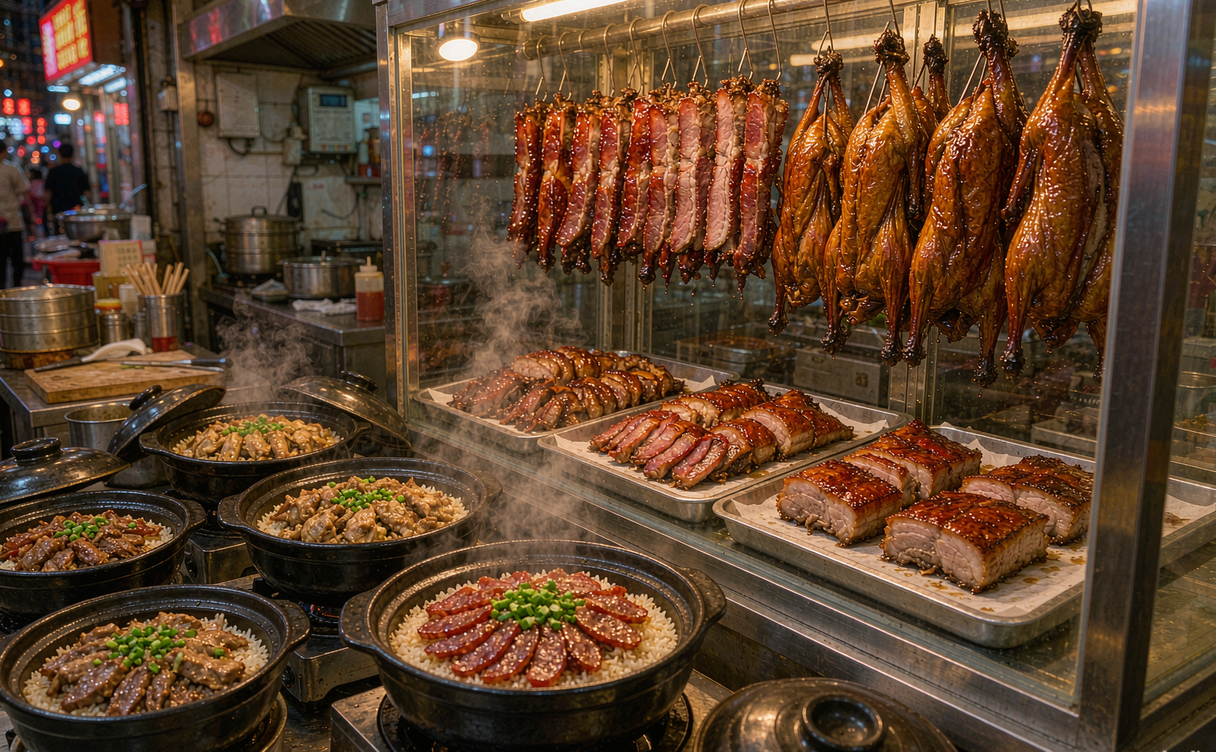 Guangzhou street stall displaying roast meats and clay-pot rice