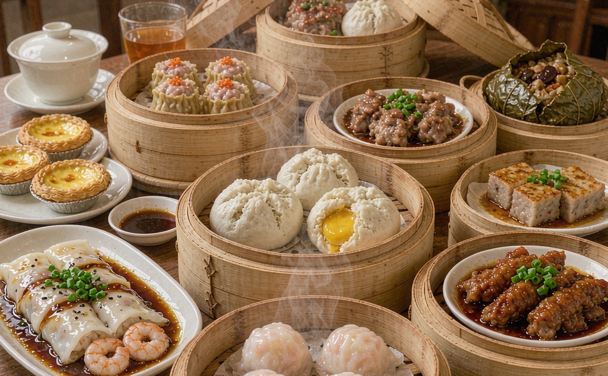 Shangxiajiu Cantonese dim sum baskets at a Guangzhou teahouse, China