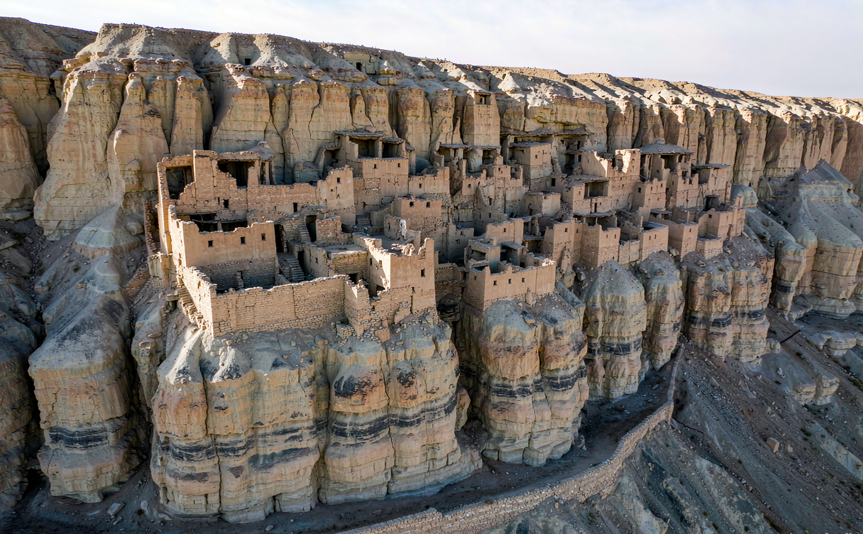 Guge Kingdom cliff citadel glowing at sunset, Tibet, China