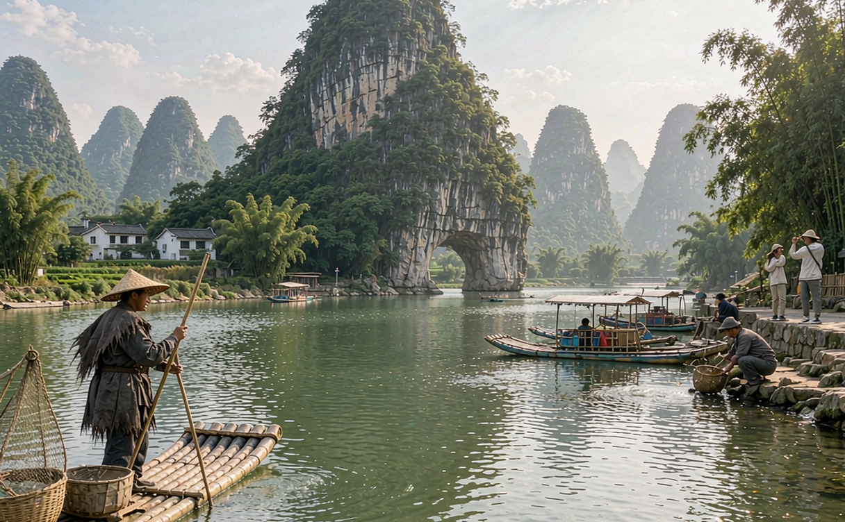 Li River cruise boat navigating misty karst peaks near Guilin at sunrise