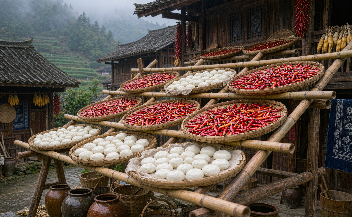 Village drying rack of chili and sticky rice cakes in Guizhou China