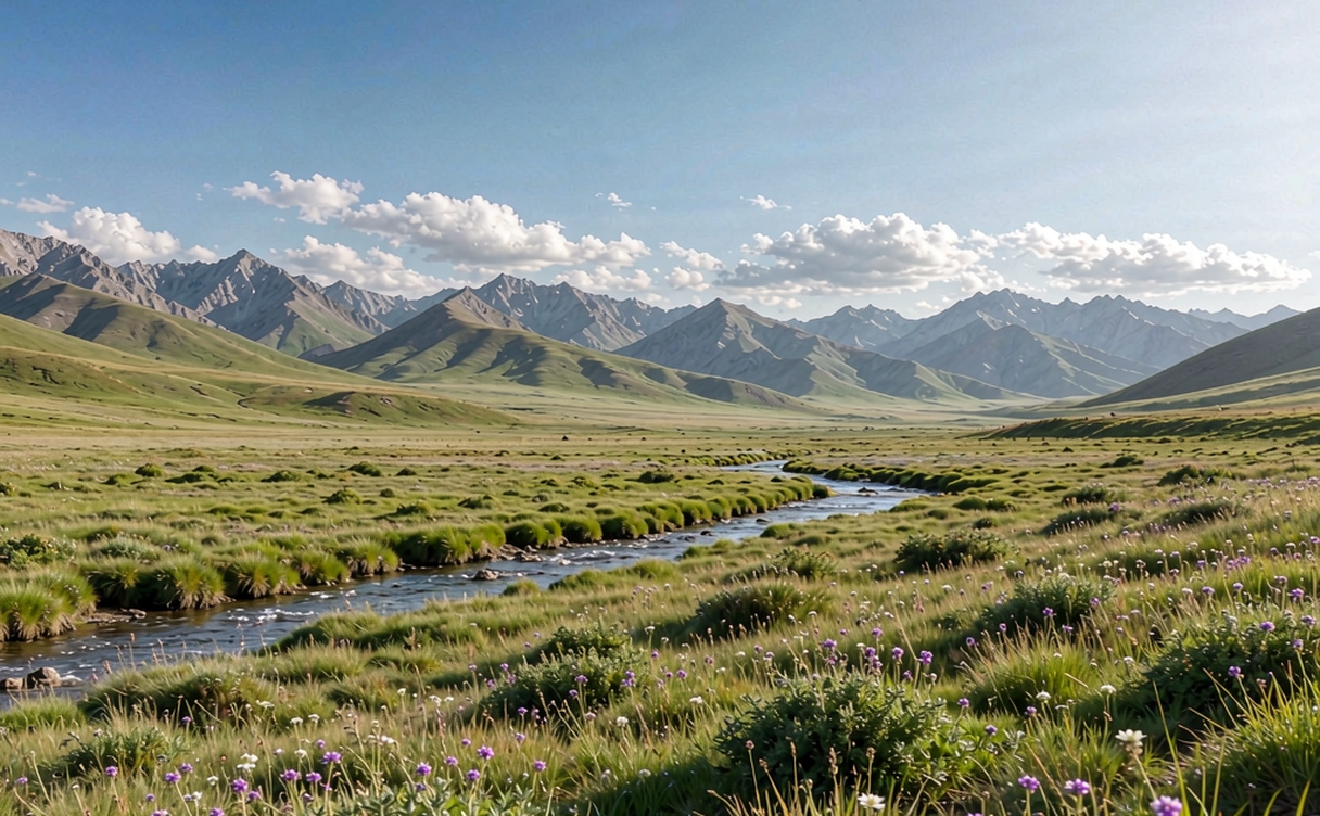 Menyuan rapeseed fields with snow-striped Qilian Mountains behind in Haibei, Qinghai, China