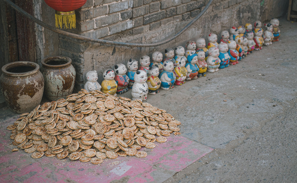 Hebi food market with sesame snacks and clay figurines near Xunxian, Henan