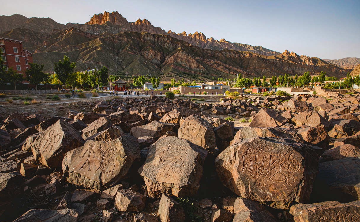 The iconic Sun God sun-face petroglyph at Helan Mountain in Ningxia