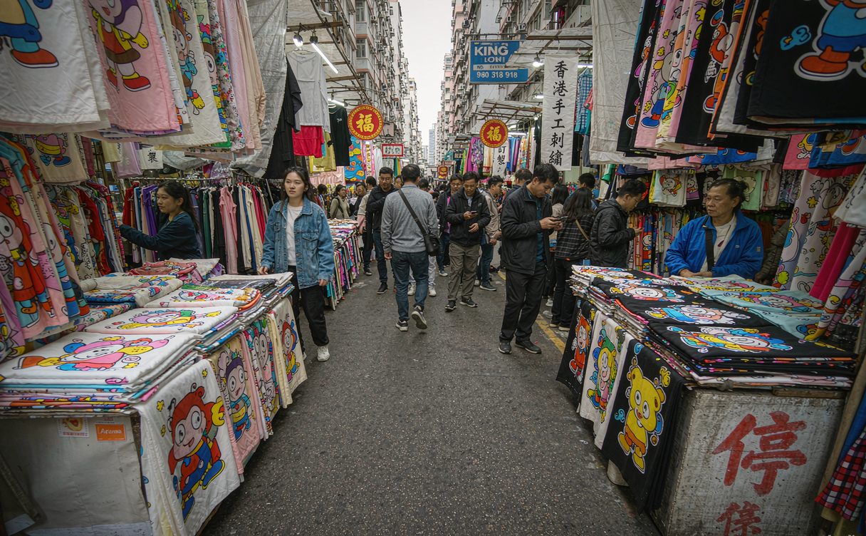 Crowded Ladies Market stalls on Tung Choi Street in Mong Kok, Hong Kong, China