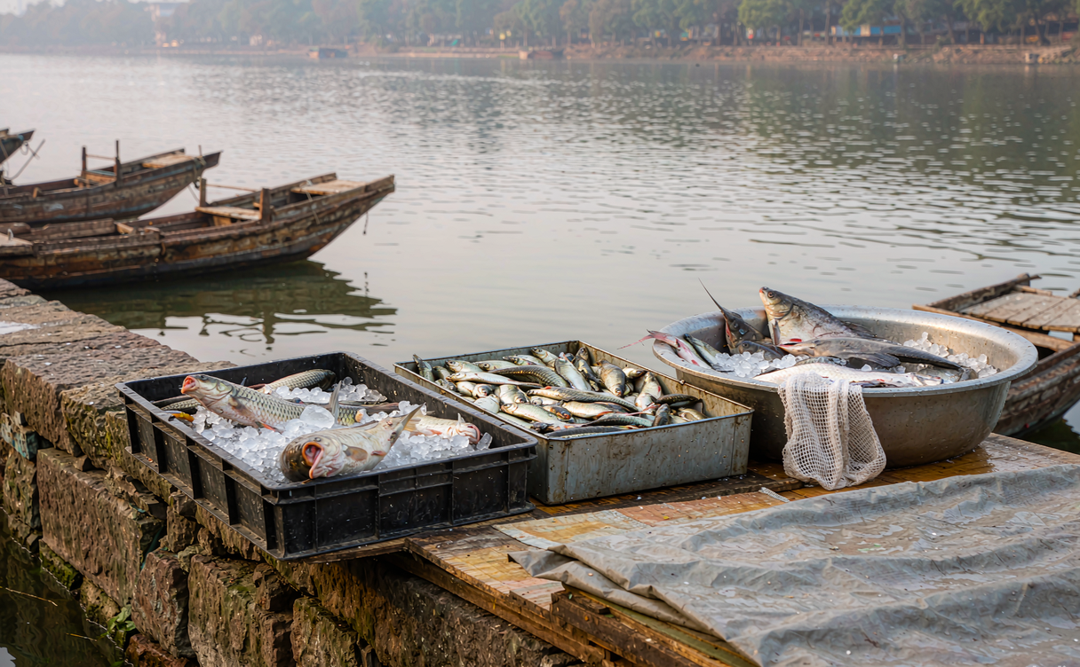 Jingzhou market fresh river fish stall
